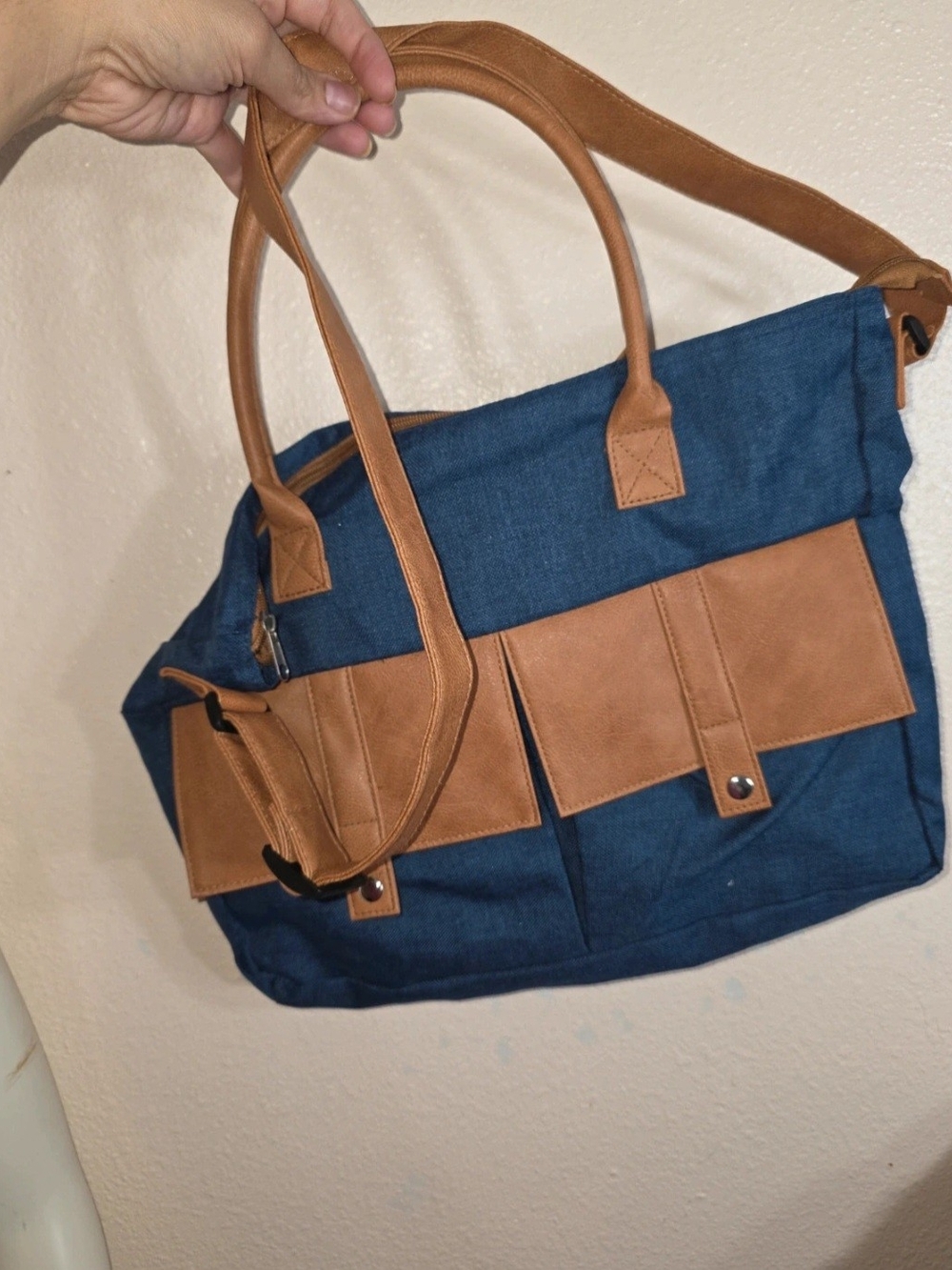 Navy Canvas Tote with Tan Faux-Leather Trim
